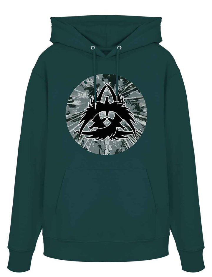 Tiefgrüner Bio-Hoodie The Raven Clan mit nordisch inspiriertem Rabenmotiv