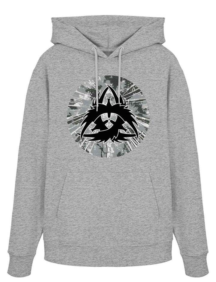 Grau melierter Bio-Hoodie The Raven Clan mit keltischem Raben-Design