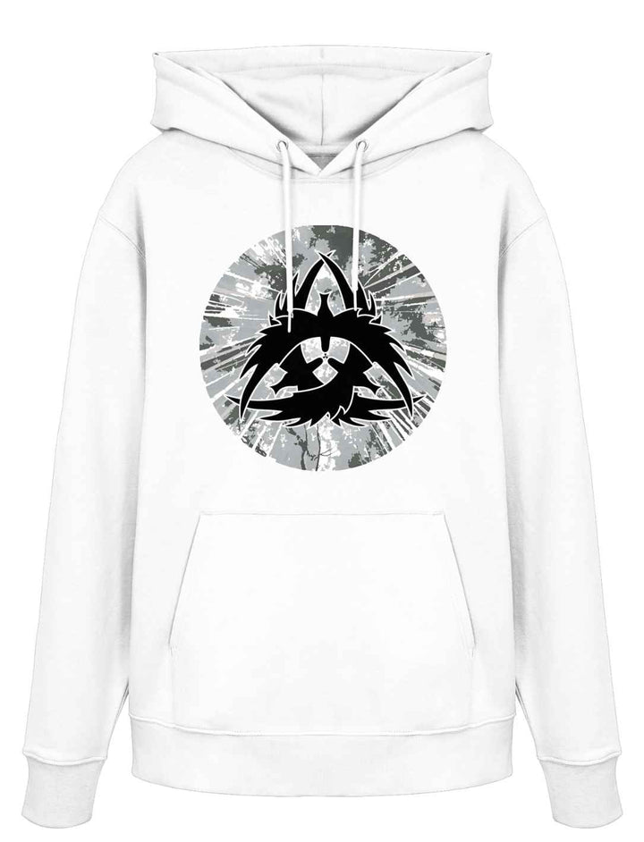 Weißer Bio-Hoodie The Raven Clan mit kontraststarkem Rabenwappen