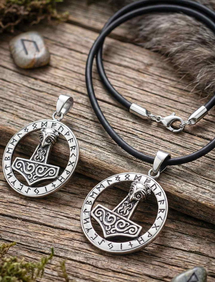 Mjölnir Thors Hammer im Runenkreis. 1x ohne Kette und 1x mit glatter Lederkette mit Silberverschluss 