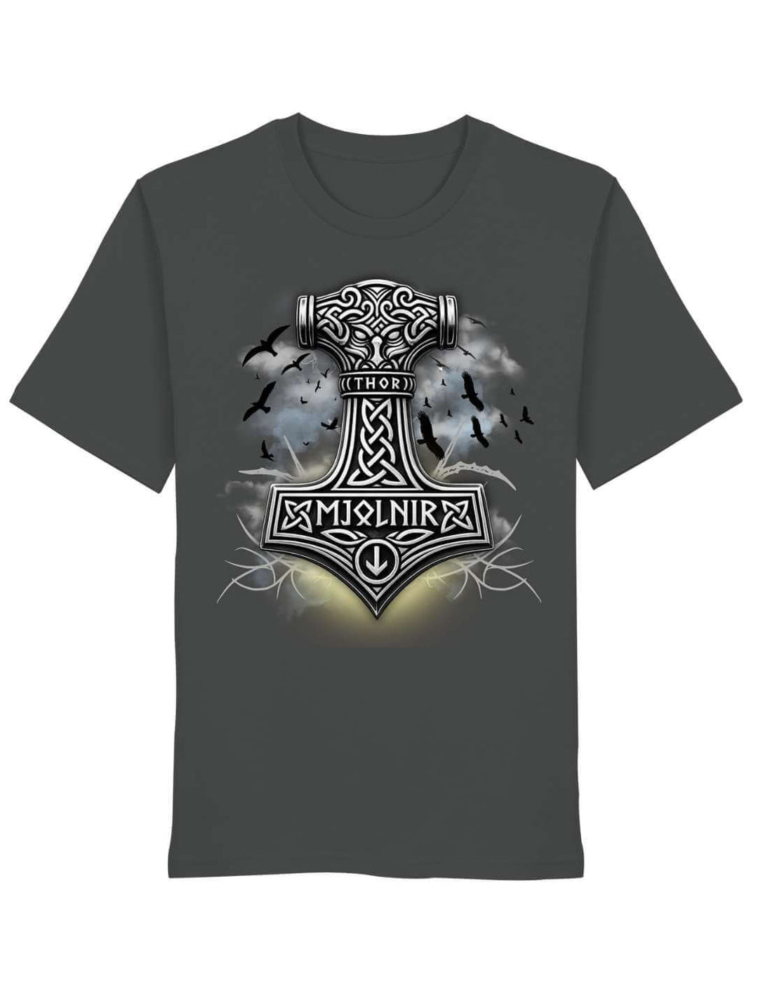 T-Shirt in Anthrazit, flach liegend, silbergrauer Hammer mit dem Schriftzug Thor am Griff