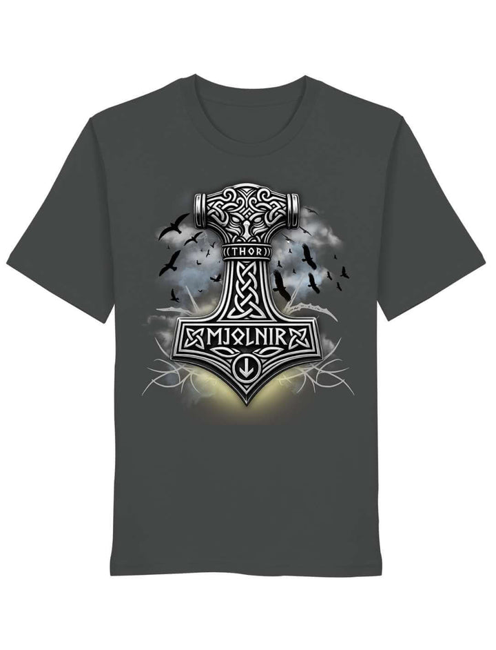 T-Shirt in Anthrazit, flach liegend, silbergrauer Hammer mit dem Schriftzug Thor am Griff