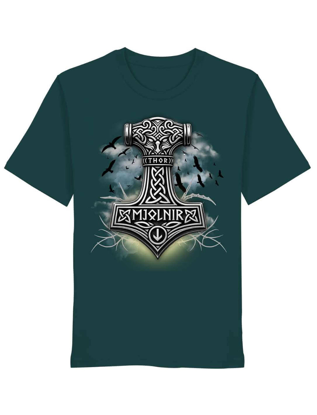 T-Shirt in Glazed Green, flach liegend, Thors Hammer im Knotenwerk mit steigenden Raben