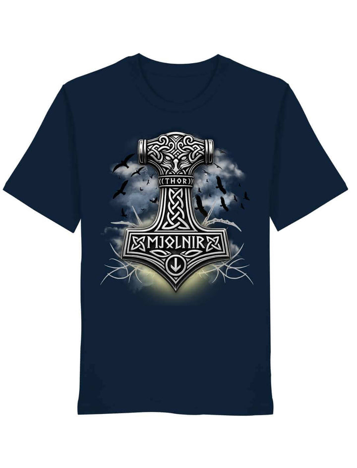 T-Shirt in French Navy, flach liegend, Mjolnir-Druck mit Blitzen über dem Hammerkopf