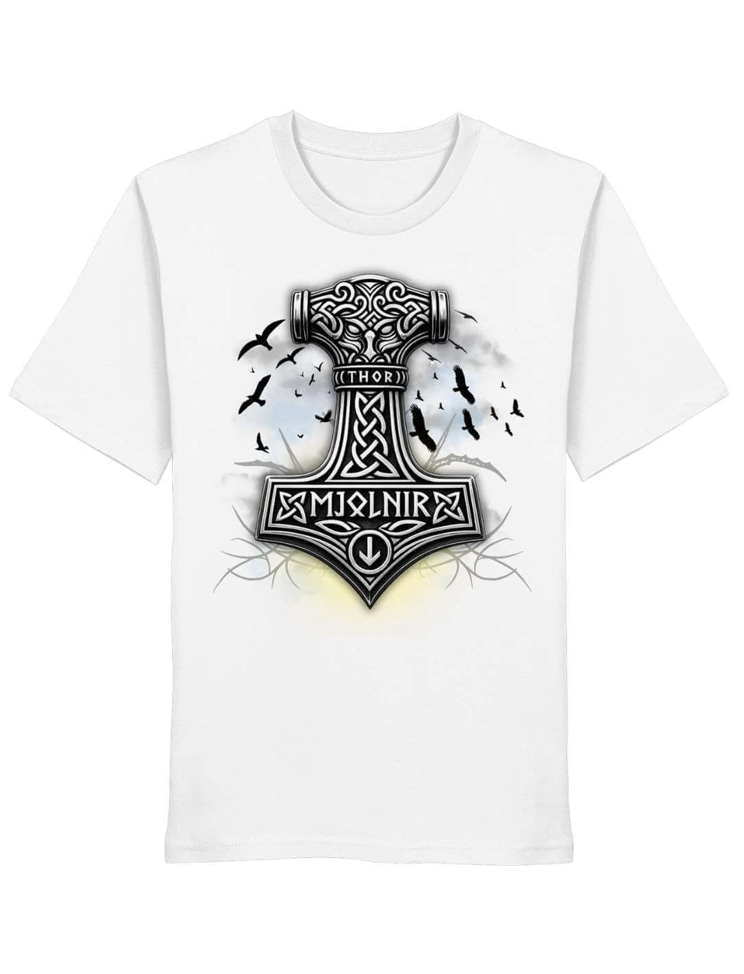 T-Shirt in Weiß, flach liegend, Hammer-Motiv mit Rabenschwarm und Wurzelwerk