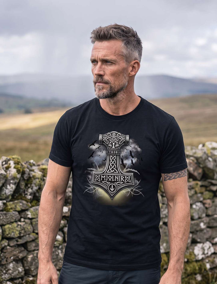 Mann in schwarzem T-Shirt steht an einer Trockensteinmauer, Wolkenschatten über der Heide, Hammer-Motiv gut lesbar