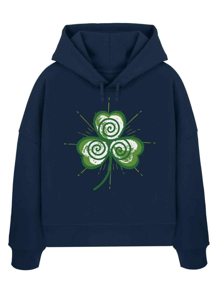  Dunkelblauer Damen Hoodie mit keltisch inspiriertem Kleeblatt-Print