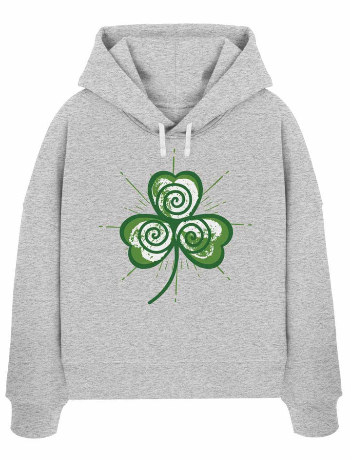 Graue melierter Boxcut-Hoodie mit mystischem Trifolia-Design für Damen