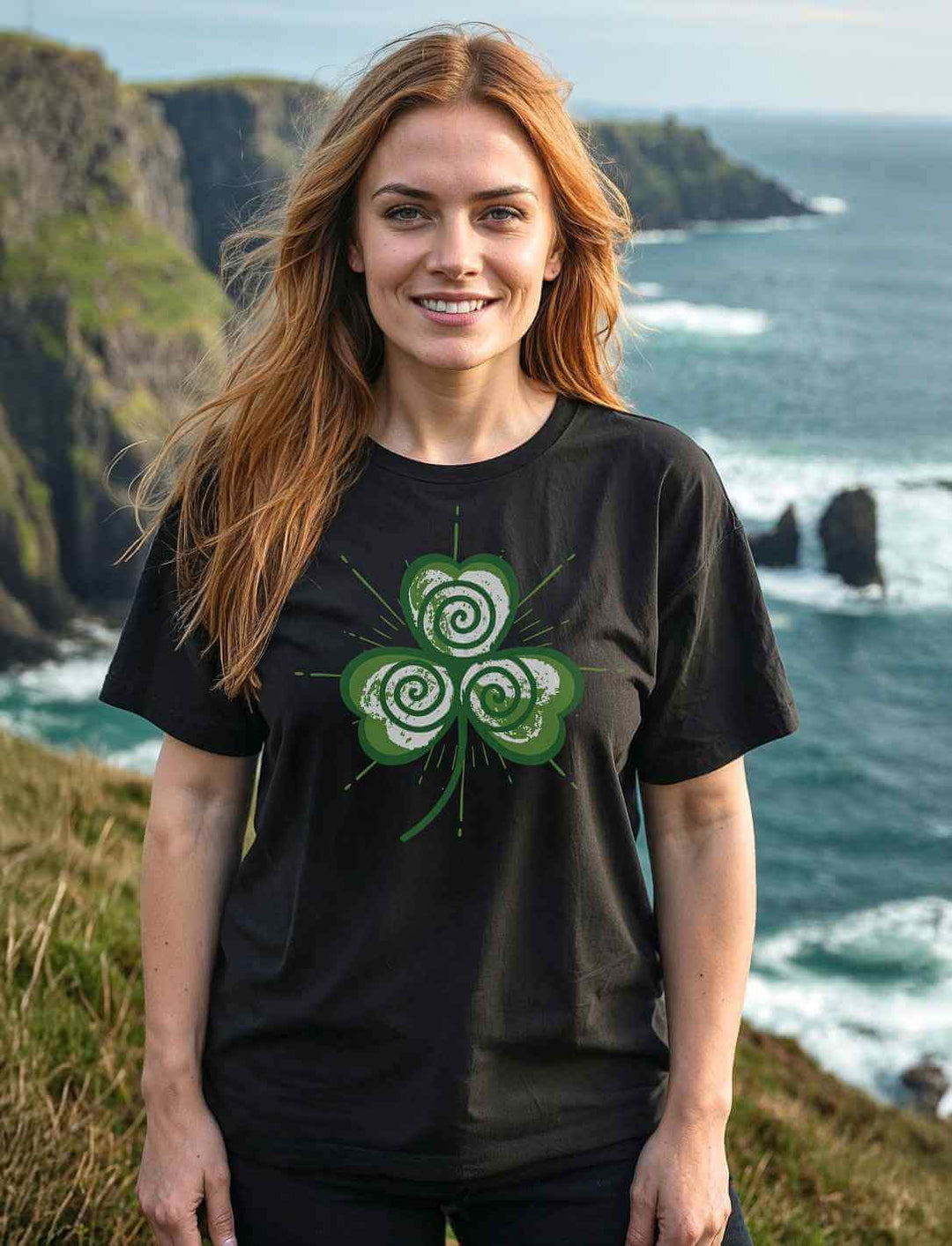 Frau an der irischen Küste trägt schwarzes Oversized T-Shirt mit grün-weißer Trifolia Mystica Triskele-Grafik – Symbol für Naturverbundenheit und keltische Weisheit. 