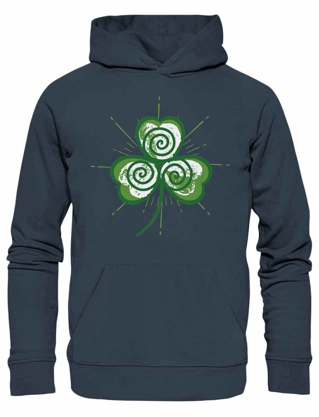 Trifolia Mystica Hoodie in India Ink Grey – dunkler, kühler Grauton mit leuchtendem, keltisch inspiriertem Design.