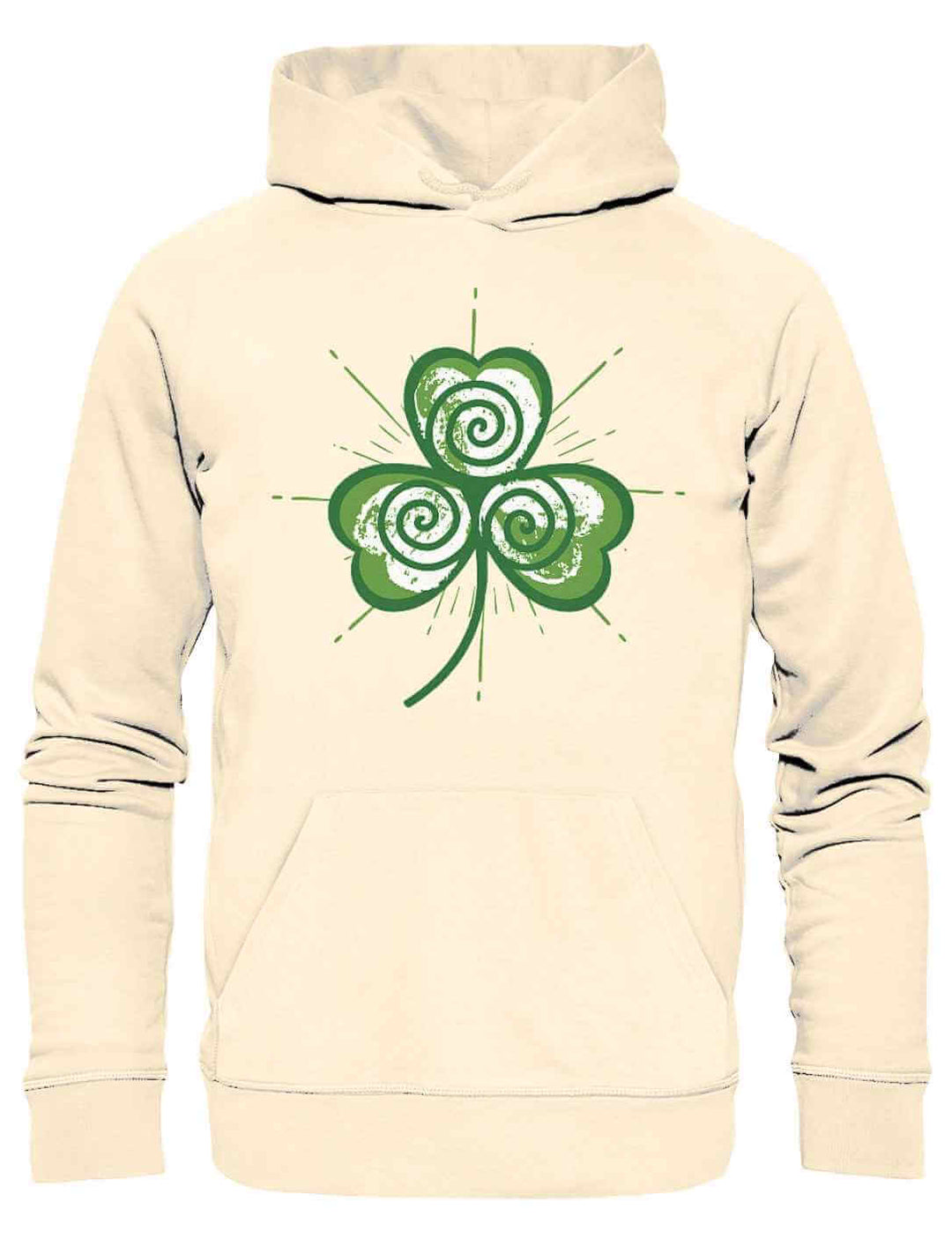 Trifolia Mystica Hoodie in Natur – sanfter Offwhite-Ton mit kraftvollem grünen Triskele-Kleeblatt-Symbol.
