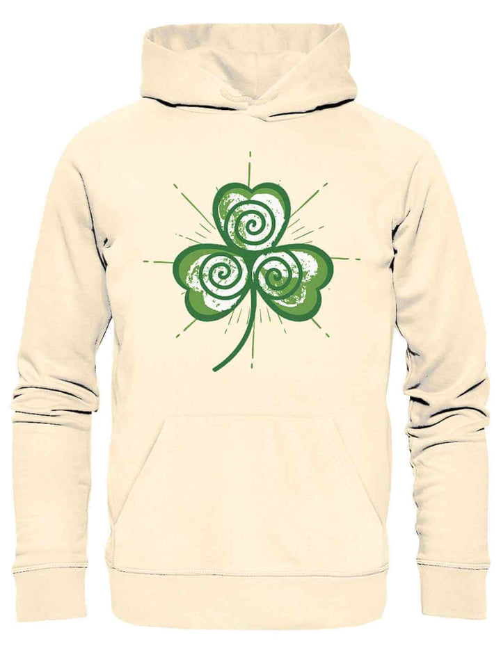 Trifolia Mystica Hoodie in Natur – sanfter Offwhite-Ton mit kraftvollem grünen Triskele-Kleeblatt-Symbol.