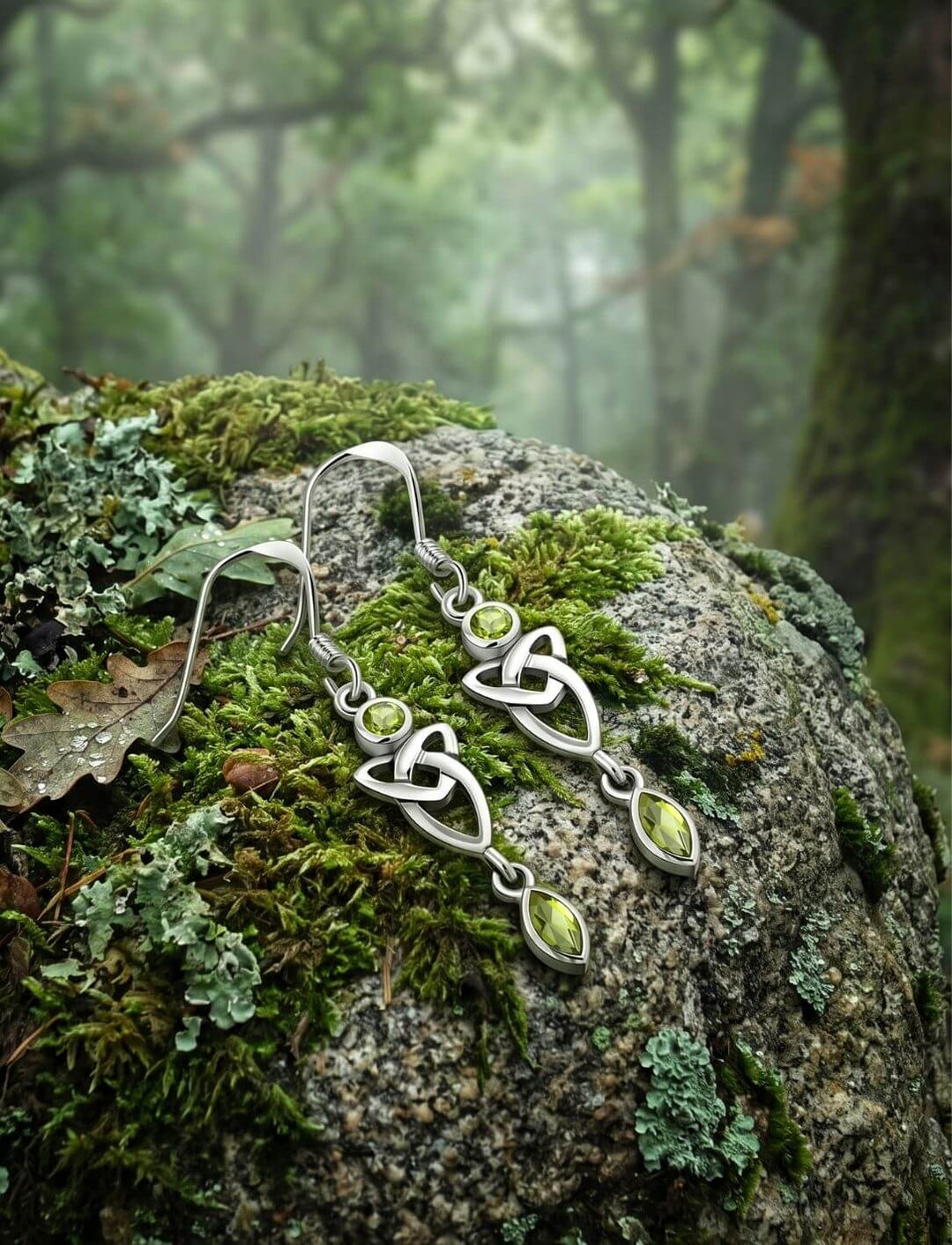 Silber Ohrhänger Triquetra mit grünem Zirkonia auf Moos und Waldstein