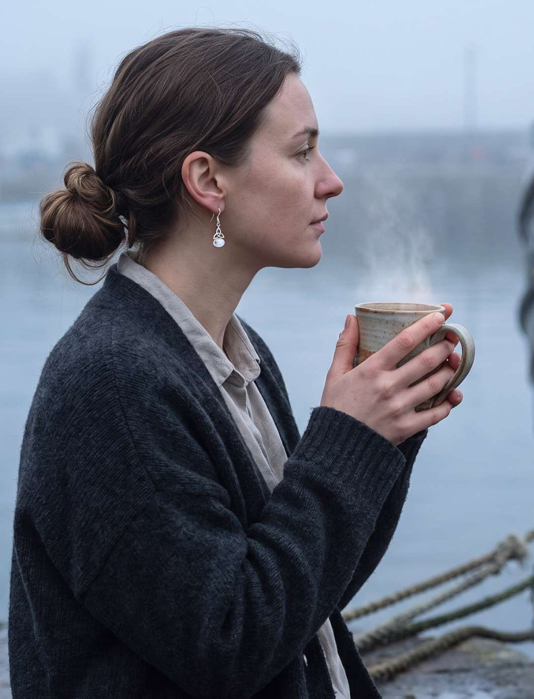 Frau mit Mondstein Ohrhänger und Becher an einem nebligen Hafen