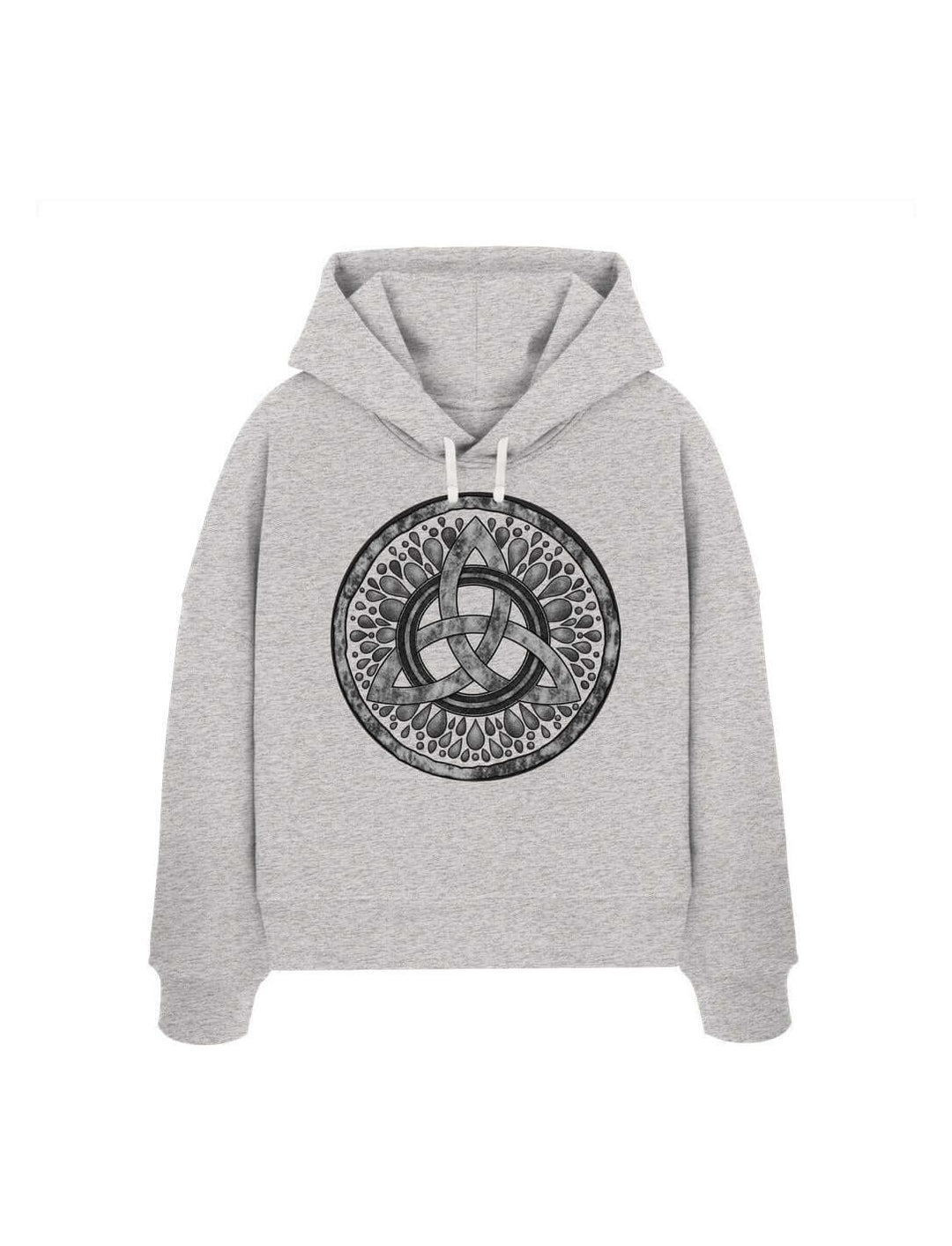Heather Grey Damen Boxcut Hoodie mit keltischer Triquetra – Sichel der Seherin, Flatlay