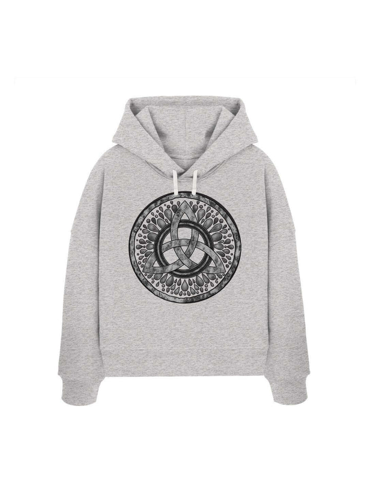Heather Grey Damen Boxcut Hoodie mit keltischer Triquetra – Sichel der Seherin, Flatlay
