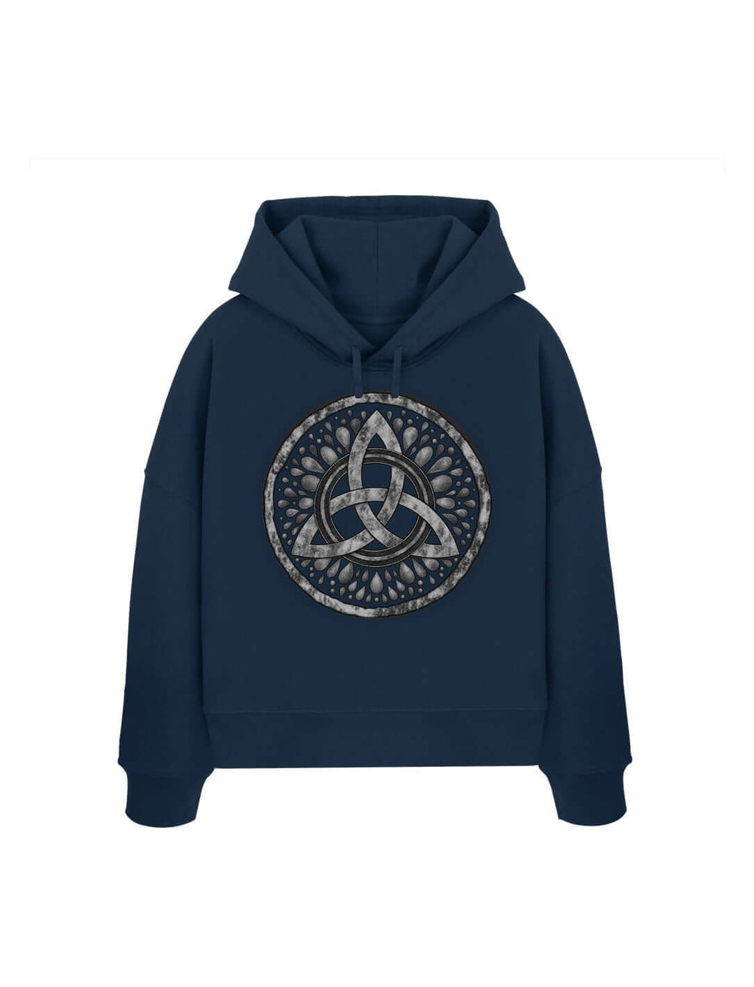 French Navy Damen Boxcut Hoodie mit keltischer Triquetra – Sichel der Seherin, Flatlay
