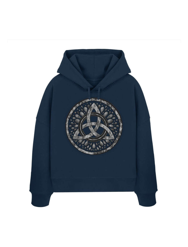 French Navy Damen Boxcut Hoodie mit keltischer Triquetra – Sichel der Seherin, Flatlay