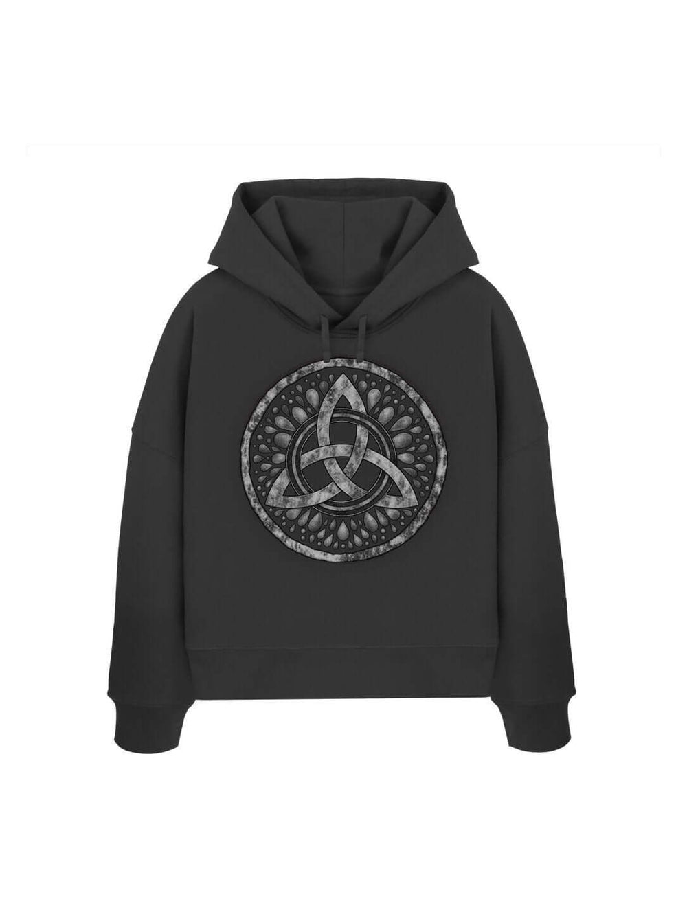 Schwarzer Damen Boxcut Hoodie mit keltischer Triquetra – Sichel der Seherin, Flatlay