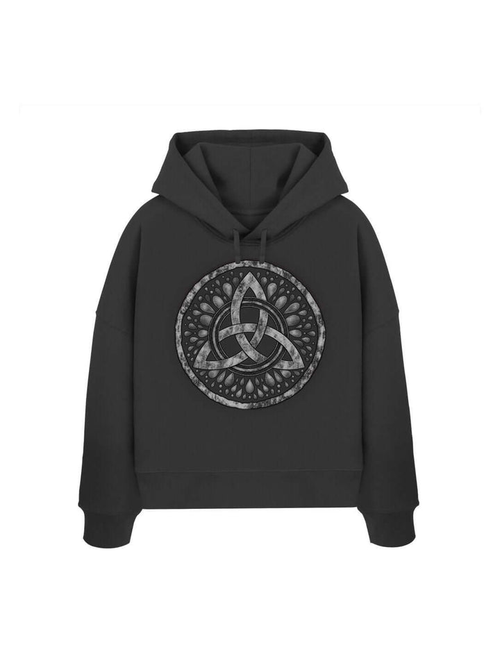 Schwarzer Damen Boxcut Hoodie mit keltischer Triquetra – Sichel der Seherin, Flatlay