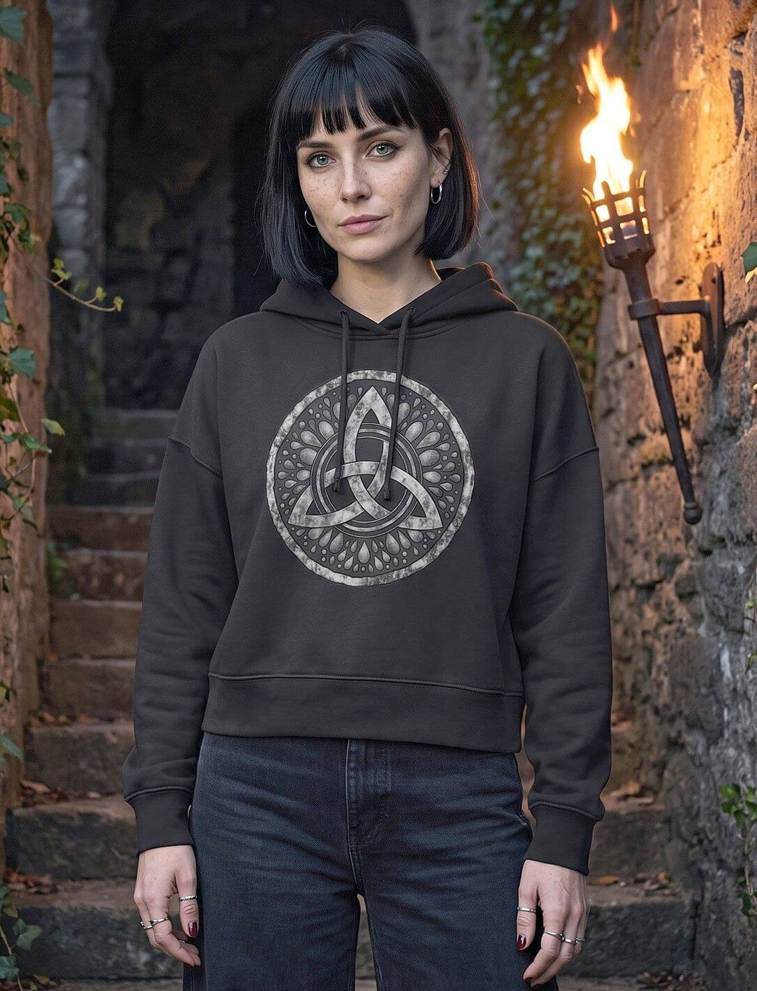 Frau im schwarzen Damen Boxcut Hoodie Triquetra Sichel der Seherin steht auf der Treppe einer Burgruine neben einer Fackel