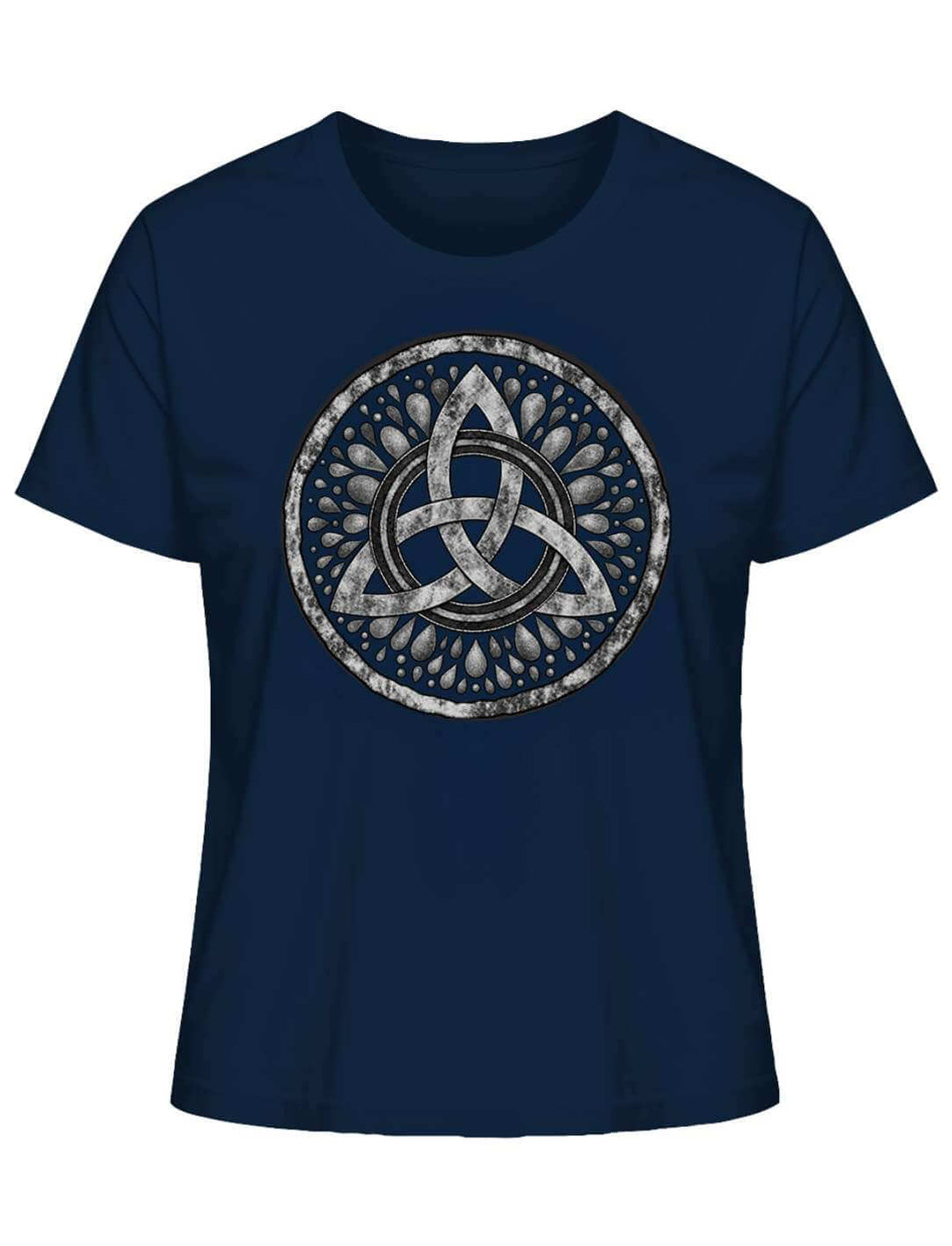 Damen T-Shirt in French Navy mit keltischer Triquetra, Flatlay