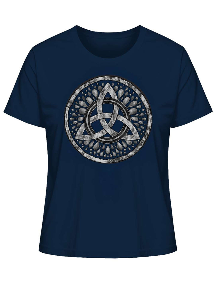 Damen T-Shirt in French Navy mit keltischer Triquetra, Flatlay