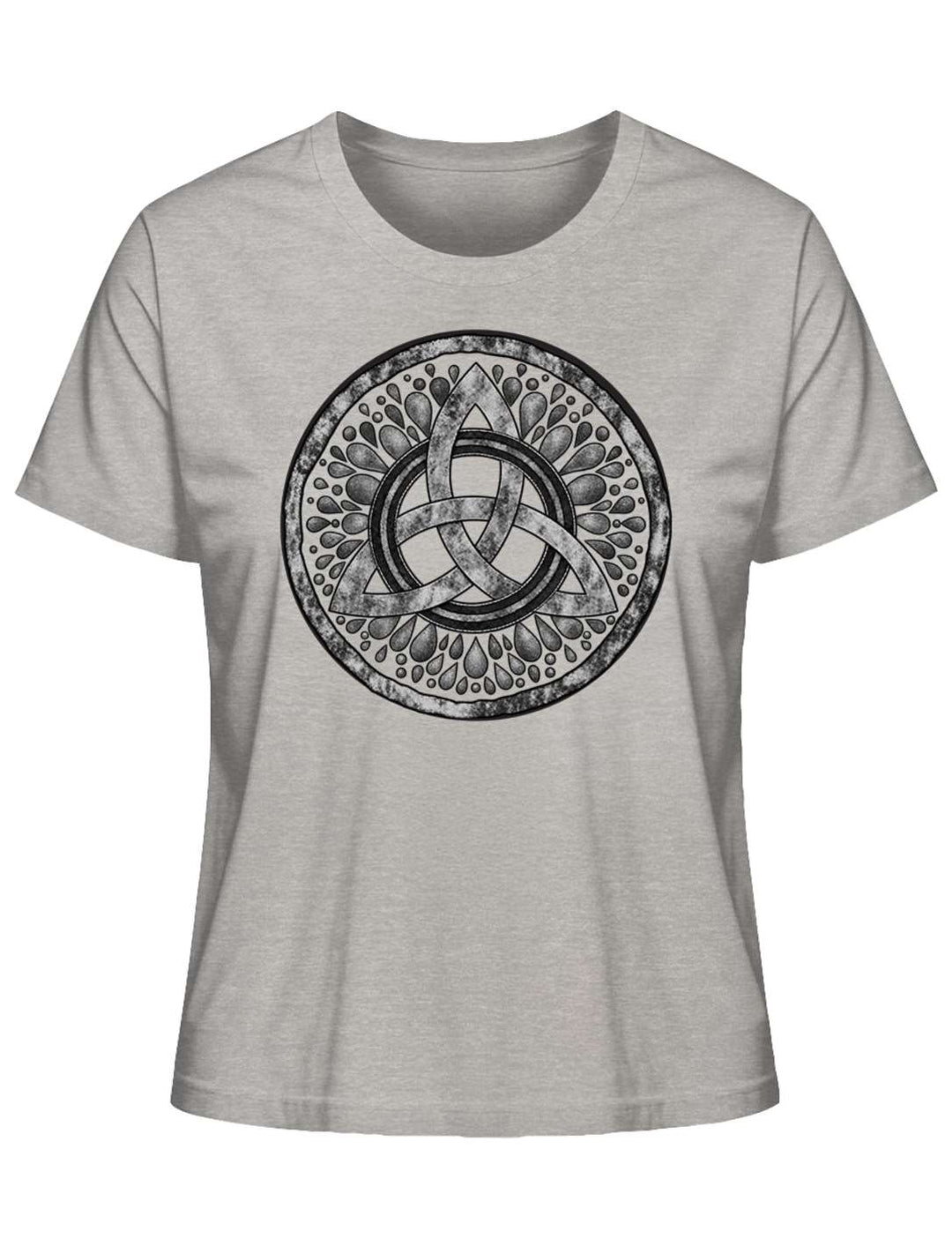 Graumeliertes Damen T-Shirt mit Triquetra in Steinoptik, Flatlay