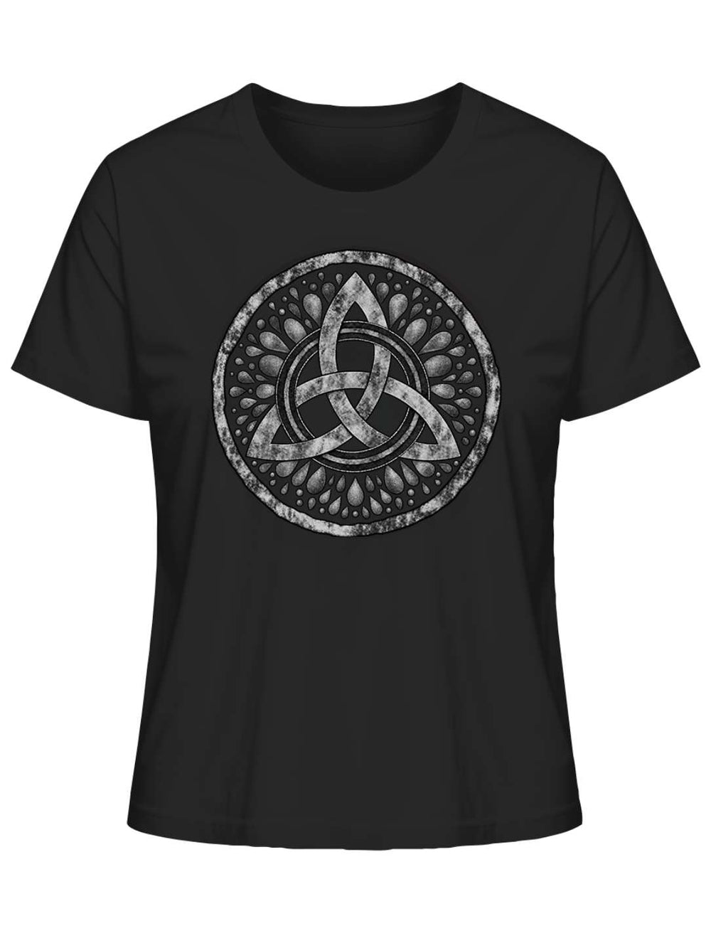 Schwarzes Damen T-Shirt mit Triquetra im Tautropfenkranz, Flatlay
