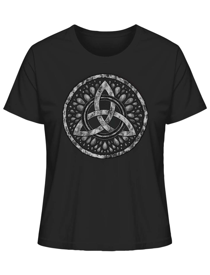 Schwarzes Damen T-Shirt mit Triquetra im Tautropfenkranz, Flatlay