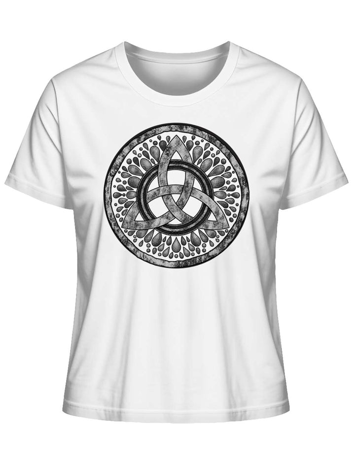 Weisses Damen T-Shirt mit grauer Triquetra-Scheibe, Flatlay