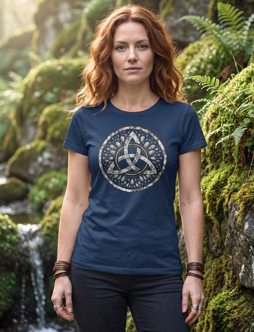 Frau mit roten Locken im navyblauen Damen Shirt mit Triquetra vor einem Wasserfall im Farn