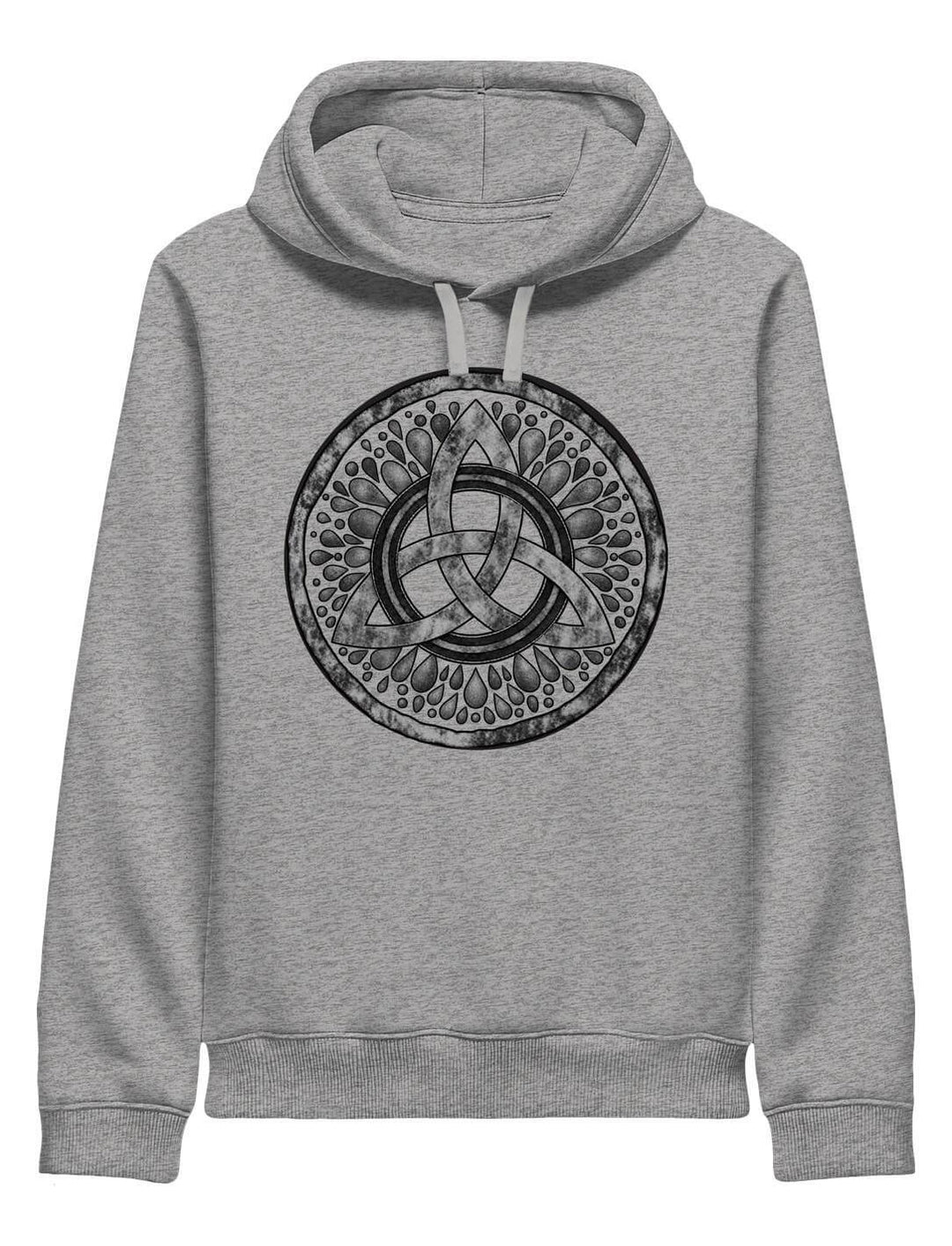 Graumelierter Hoodie mit dunklem Triquetra-Medaillon in der Vorderansicht, Kapuze und Kordeln