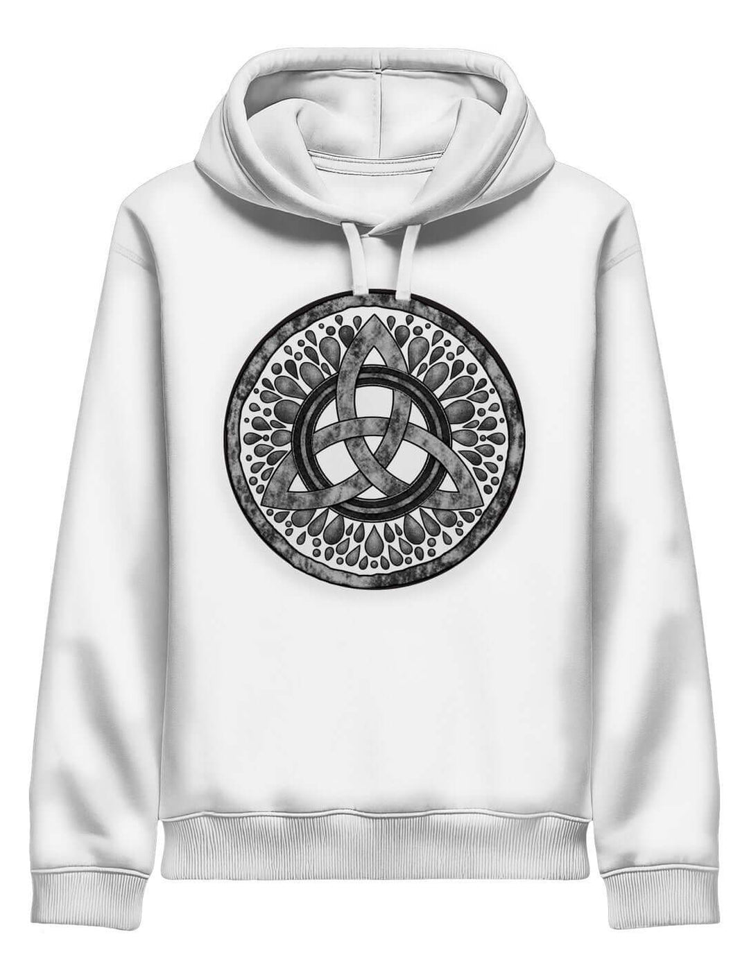 Weißer Kapuzenpulli mit grauem Triquetra-Medaillon in der Vorderansicht, Rippbündchen an Saum und Ärmeln