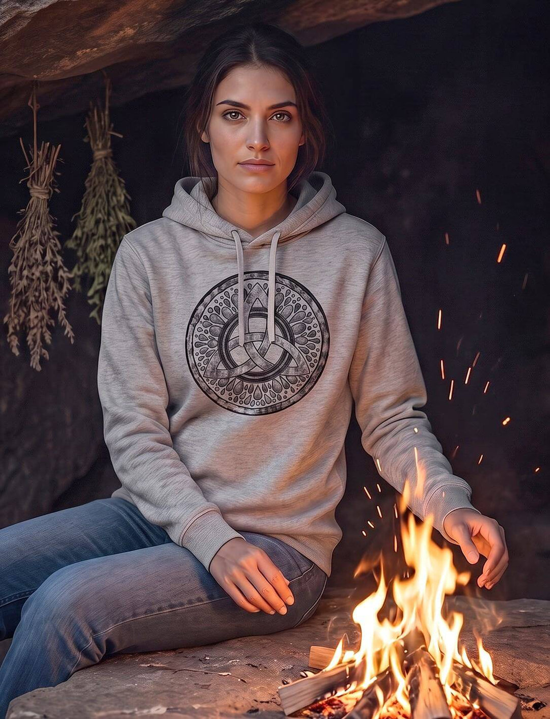 Frau im grauen Kapuzenpulli mit keltischem Knoten sitzt am Lagerfeuer unter einem Felsüberhang mit Kräuterbündeln