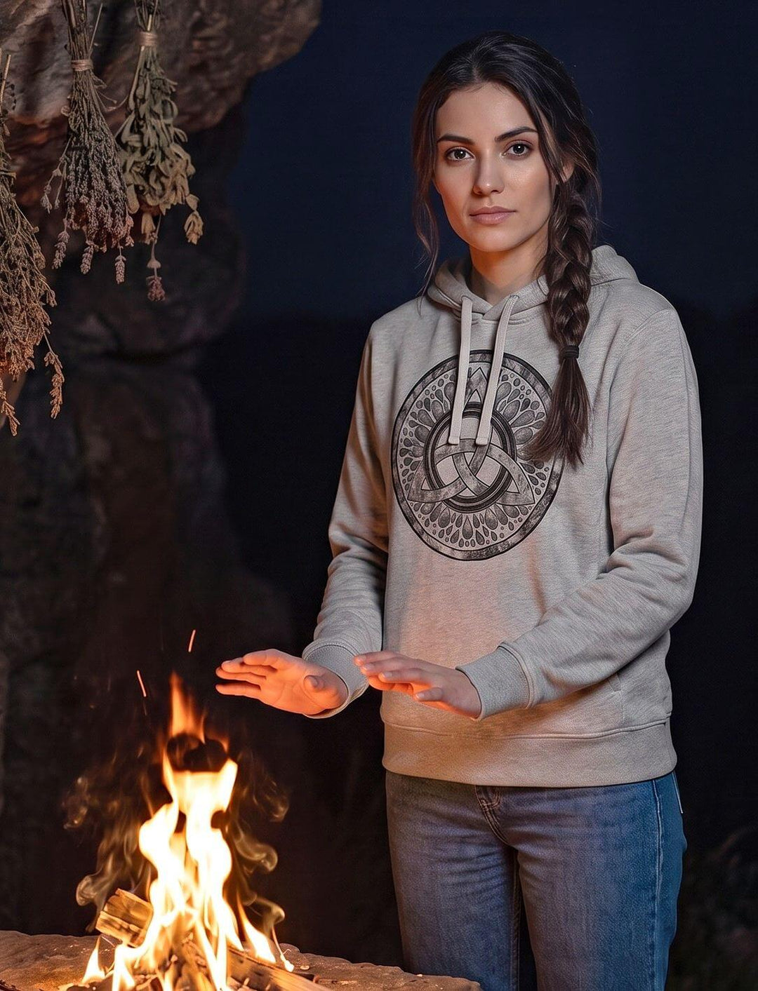 Graumelierter Damen Hoodie mit Triquetra, Frau wärmt die Hände an einem Feuer unter einem Felsen