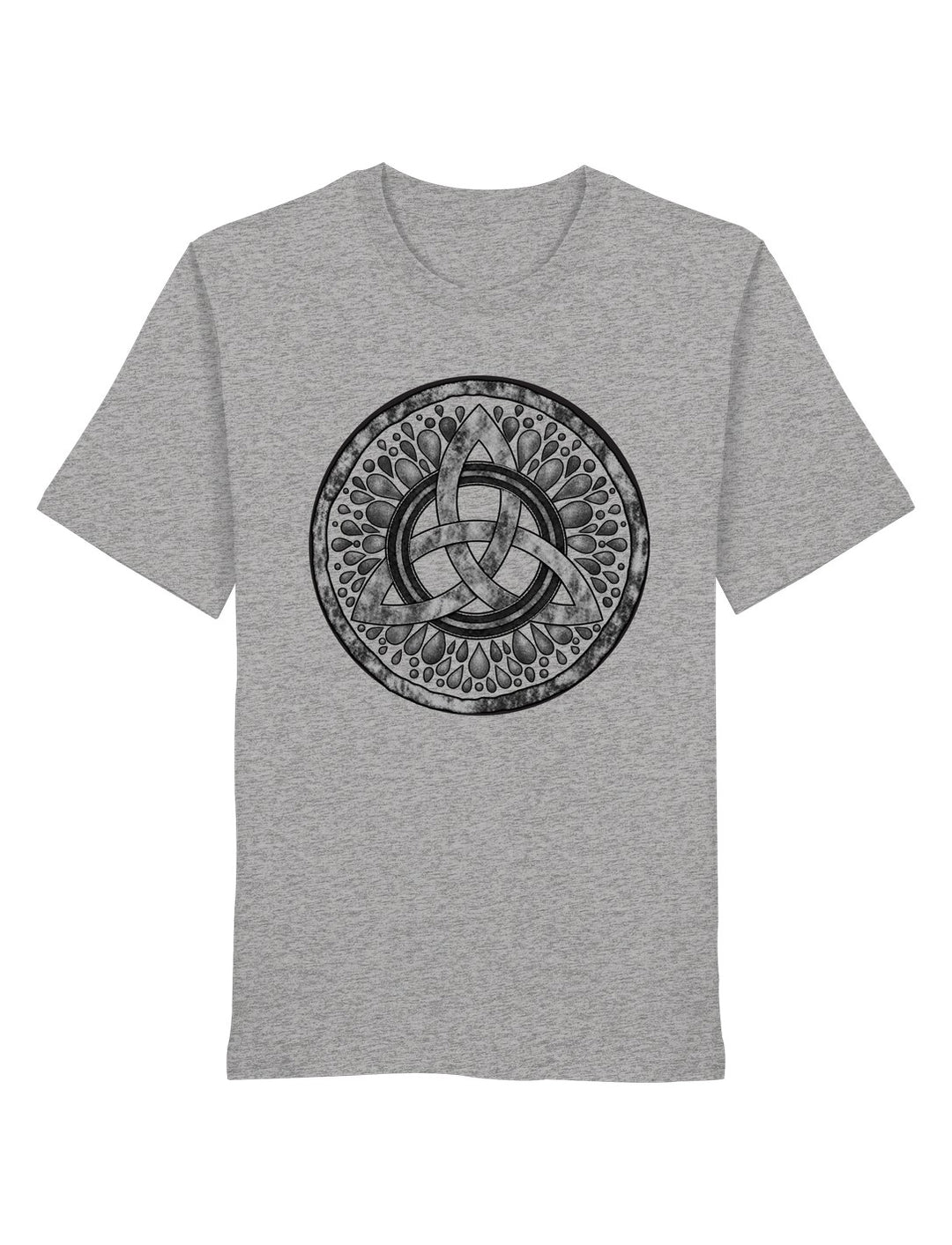 Grau meliertes Damen Shirt mit keltischem Dreifaltigkeitsknoten in der Vorderansicht, gerader Schnitt