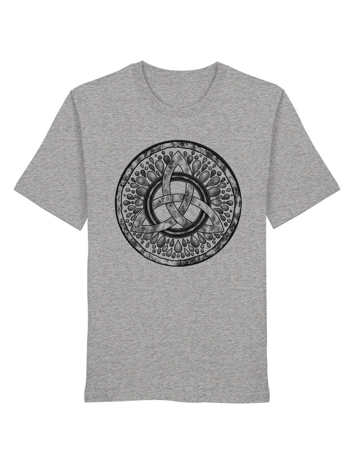 Grau meliertes Damen Shirt mit keltischem Dreifaltigkeitsknoten in der Vorderansicht, gerader Schnitt