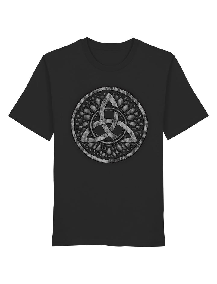 Schwarzes Damen Shirt mit keltischer Triquetra im Tropfenkranz in der Vorderansicht, gerade geschnitten