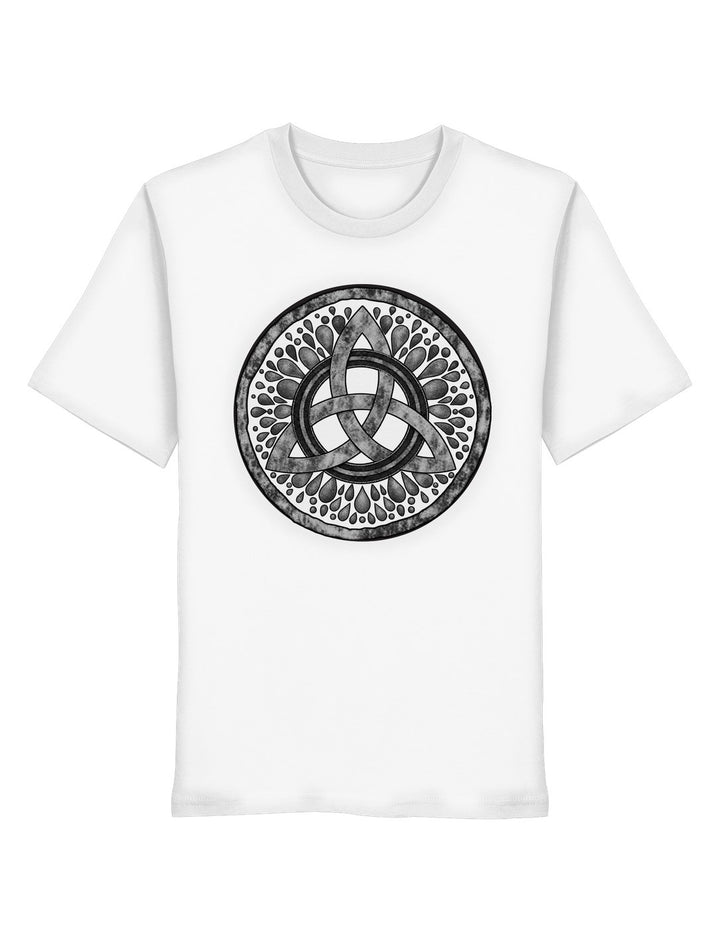 Weißes Damen Shirt mit Dreifaltigkeitsknoten in Steinoptik in der Vorderansicht, locker geschnitten