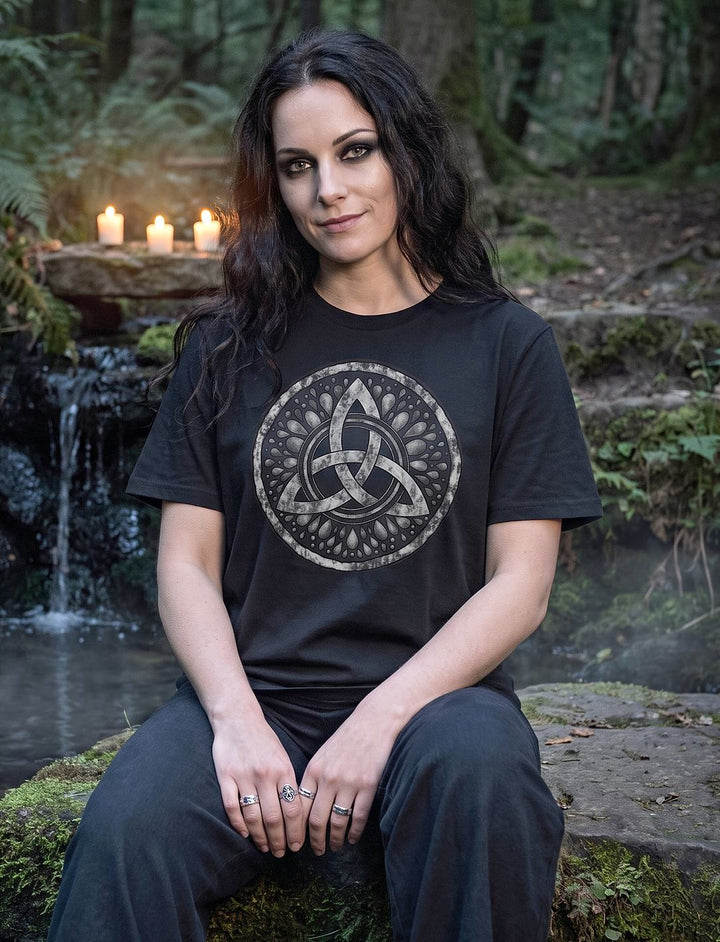 Frau im schwarzen Triquetra Shirt sitzt auf moosigem Stein an einer Waldquelle mit drei Kerzen