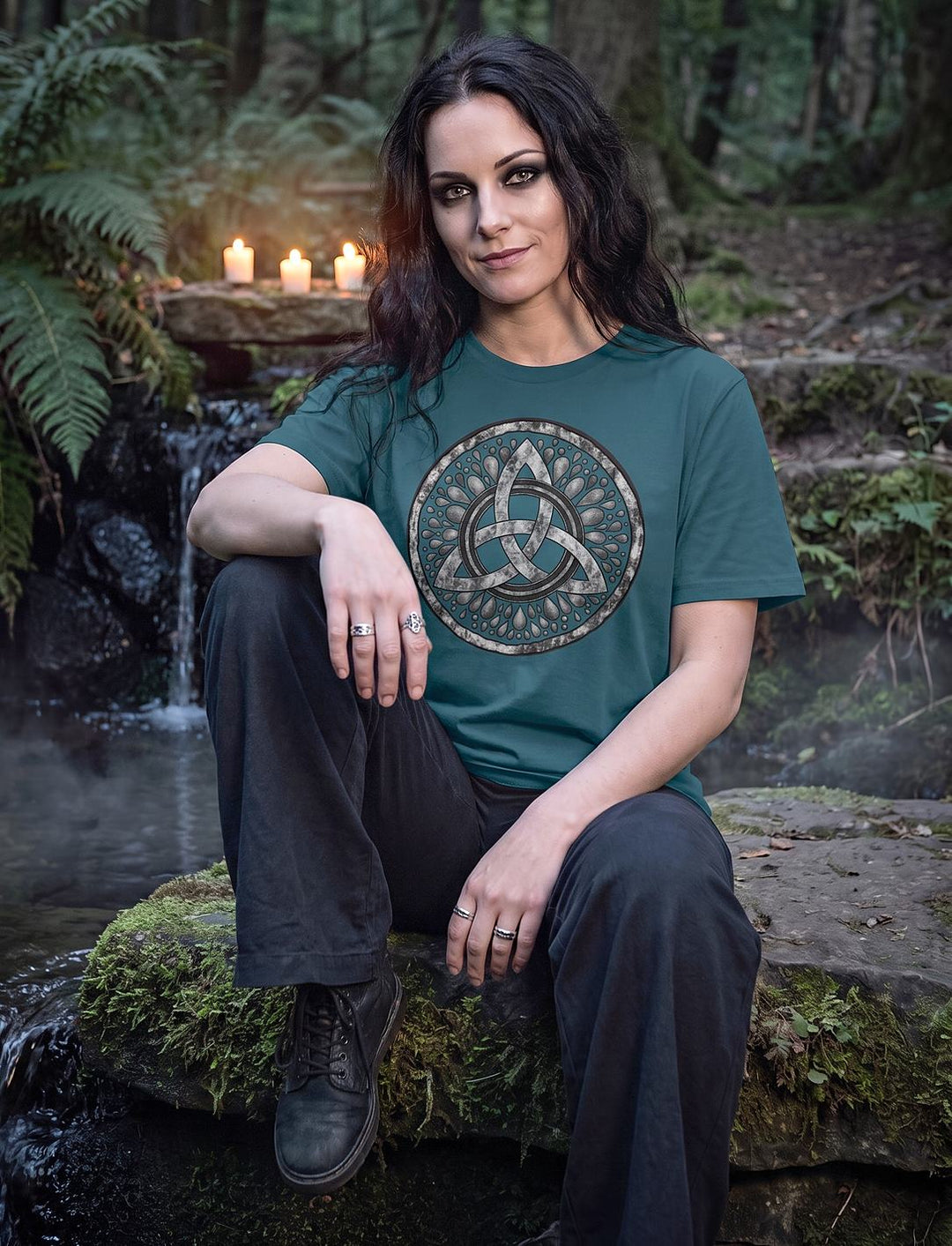 Frau im Stargazer Shirt mit Triquetra sitzt mit aufgestütztem Arm auf einem bemoosten Stein an der Quelle