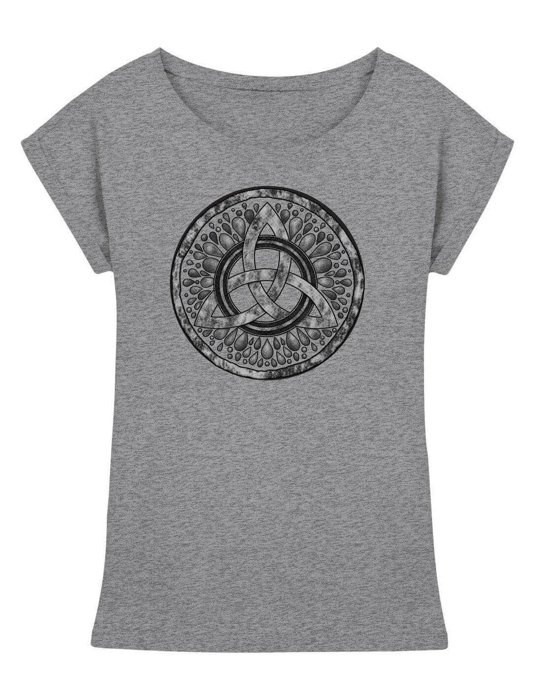 Graumeliertes Damen Longshirt mit dunklem Triquetra-Medaillon in der Vorderansicht, verlängerte Schultern