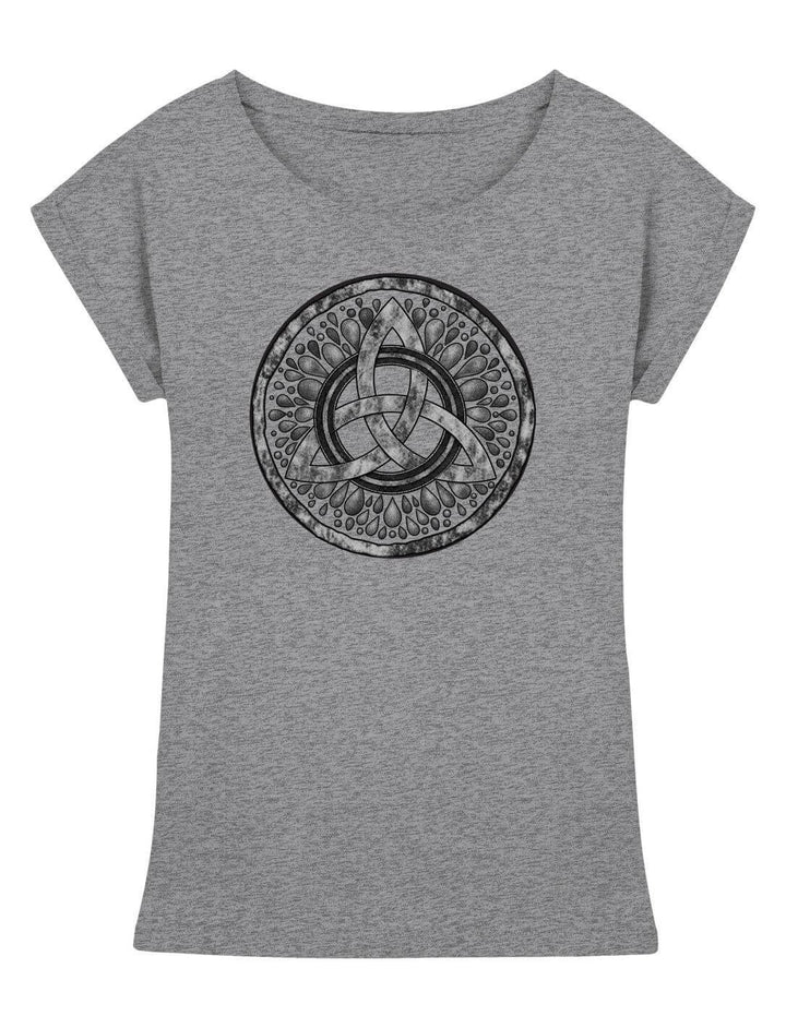 Graumeliertes Damen Longshirt mit dunklem Triquetra-Medaillon in der Vorderansicht, verlängerte Schultern