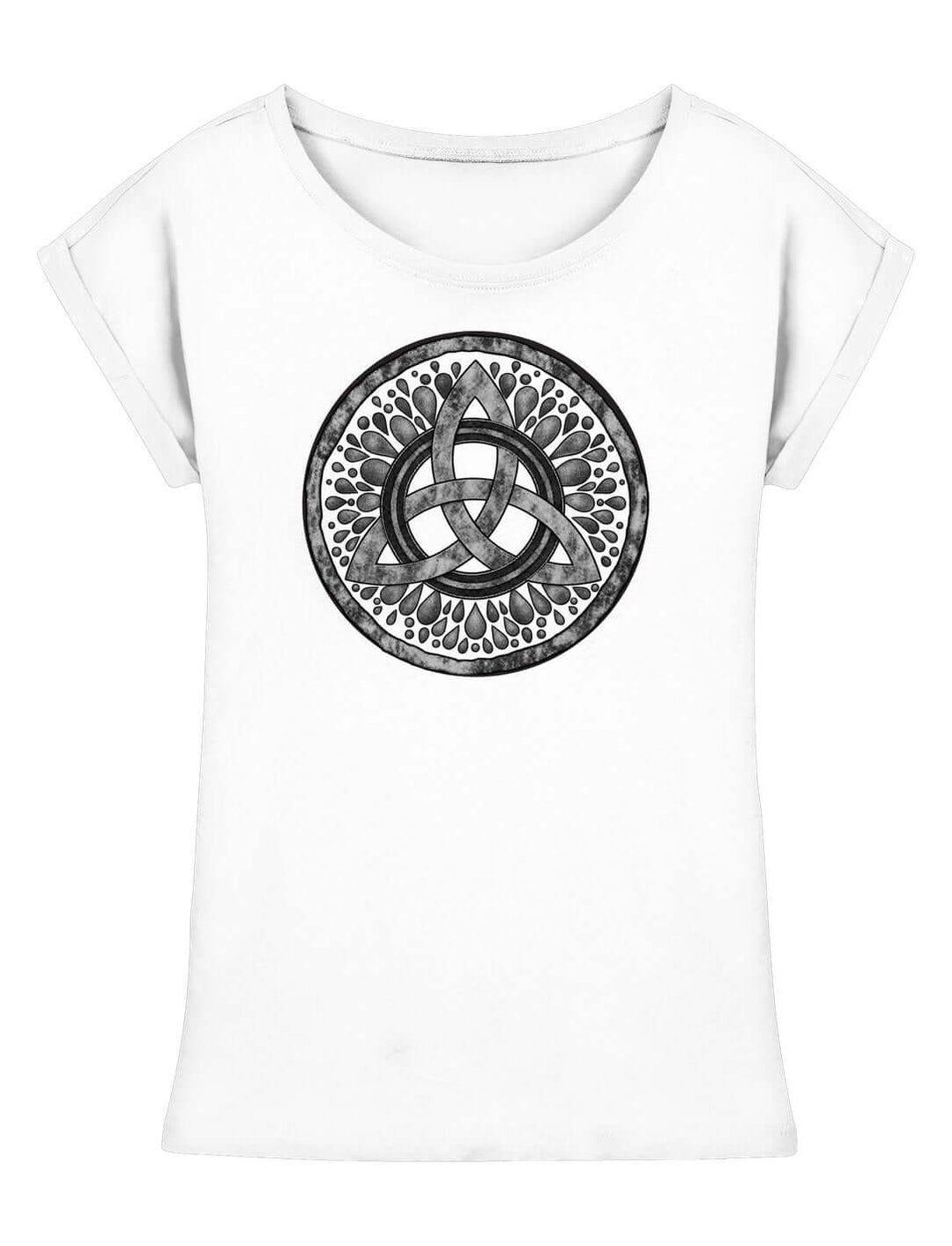 Weißes Damen Longshirt mit grauem Triquetra-Medaillon in der Vorderansicht, lang geschnitten mit umgeschlagenen Ärmeln