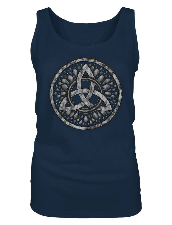 Navy Tank Top für Damen in der Vorderansicht mit keltischem Triquetra-Druck und Tropfenkranz