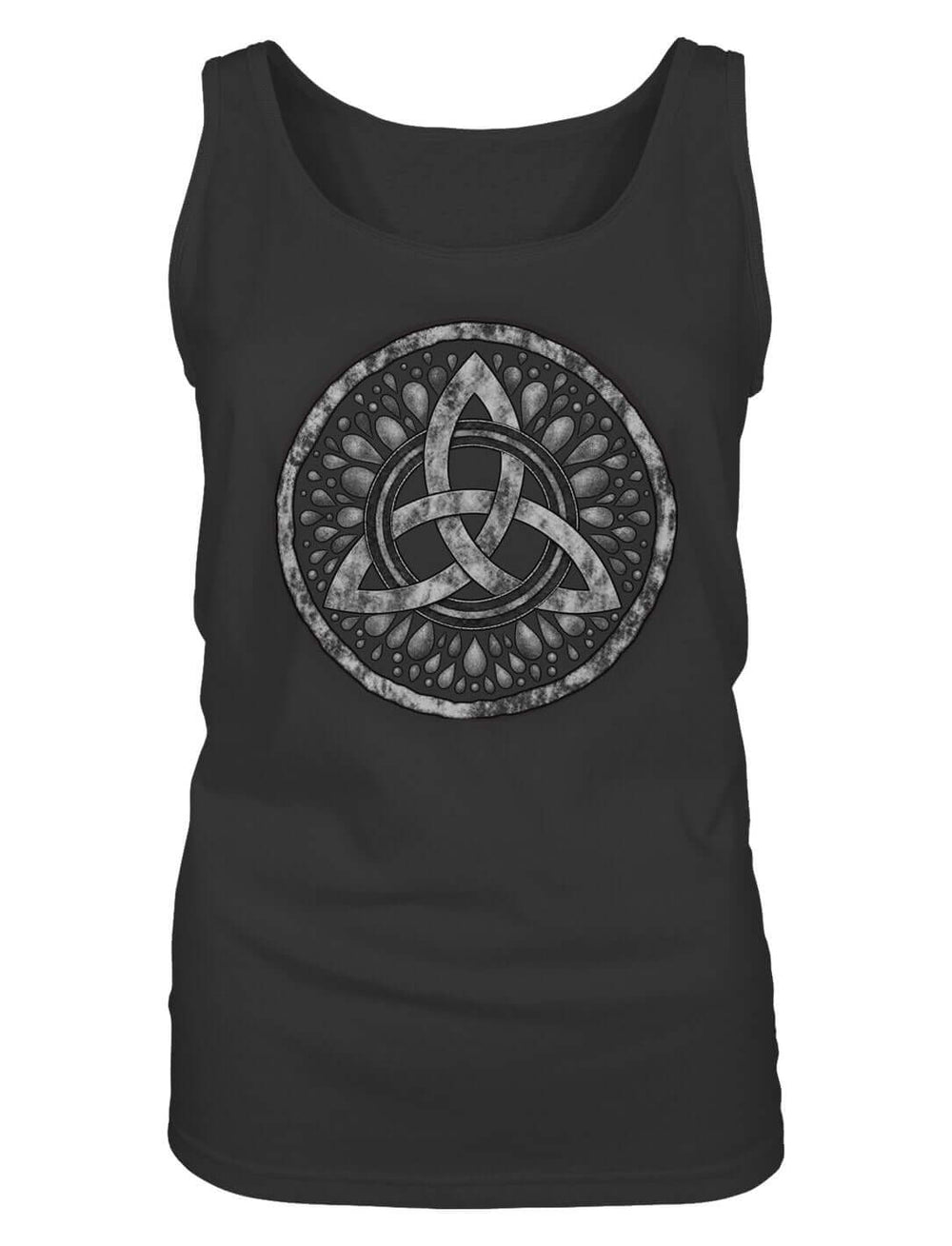 Schwarzes Tank Top Triquetra – Sichel der Seherin in der Vorderansicht, silbergraues Knotenmotiv auf weißem Hintergrund