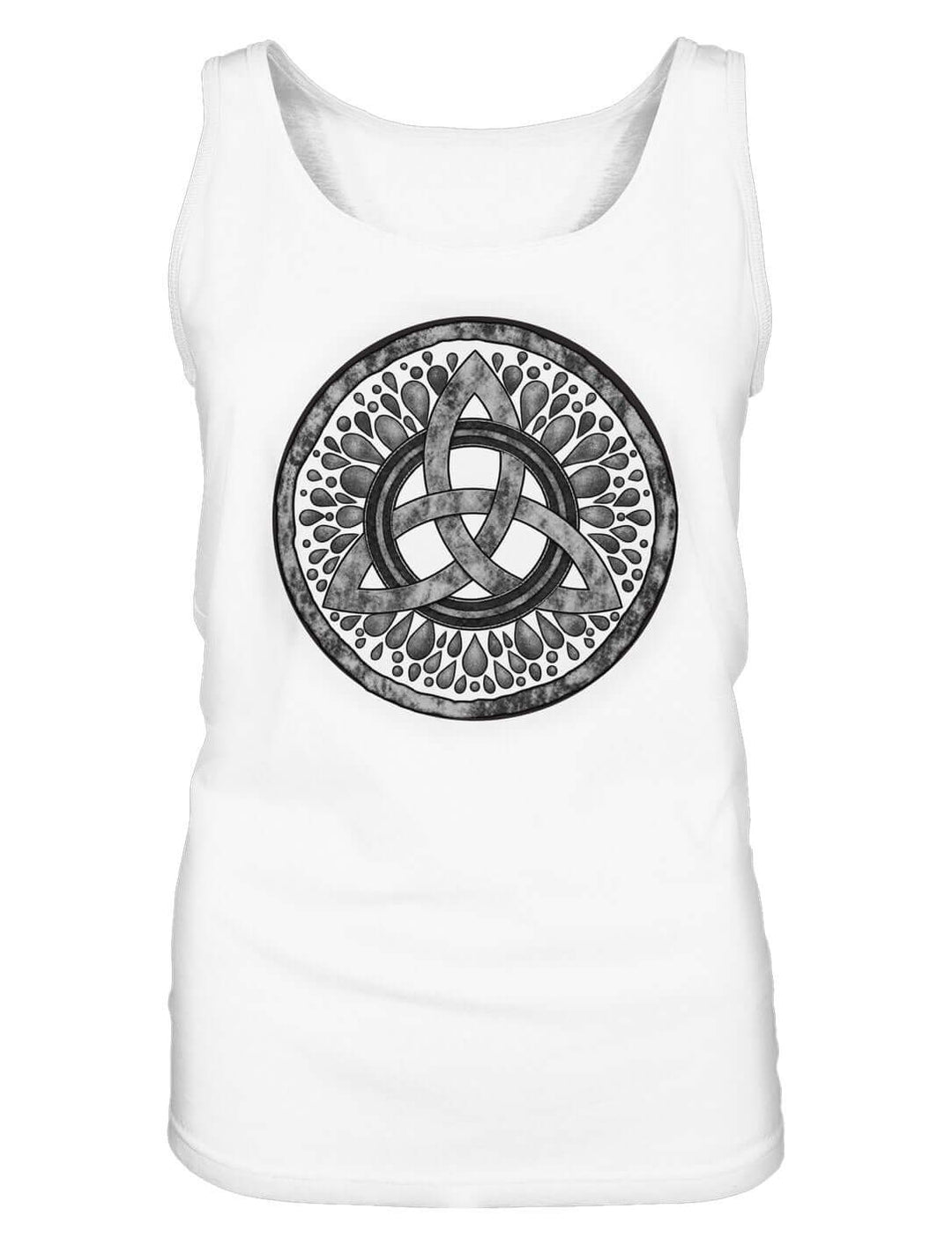 Weißes Tank Top mit grauem Dreifaltigkeitsknoten in der Vorderansicht, freigestellt