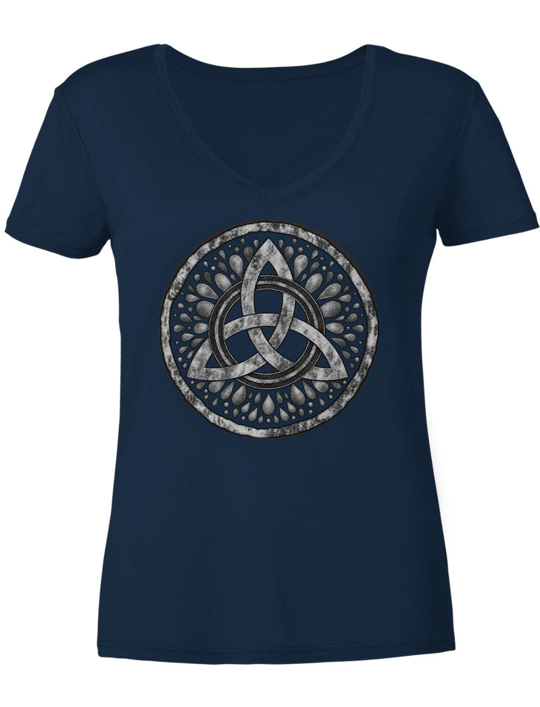 Navyblaues Damen V-Neck Shirt mit keltischer Triquetra, Flatlay