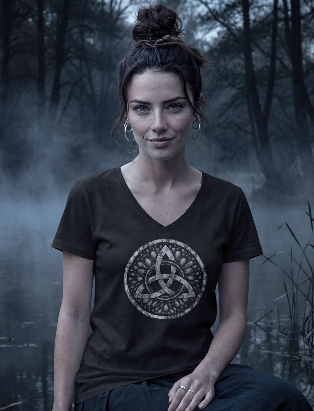 Frau sitzt im schwarzen V-Neck Shirt mit keltischem Knoten am Ufer eines Weihers im Nebel
